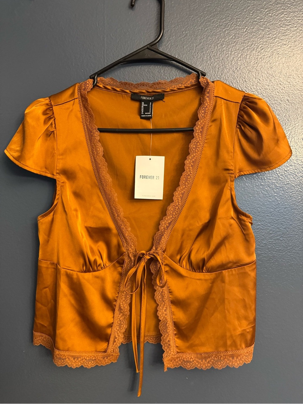 Forever 21 Burnt Orange Satin Lace-Trim Tie-Front Blouse